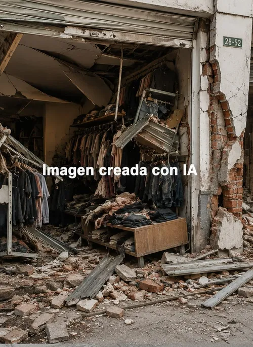 La tienda de ropa del centro tras el terremoto, con el techo caído sobre la ropa y la fachada agrietada.