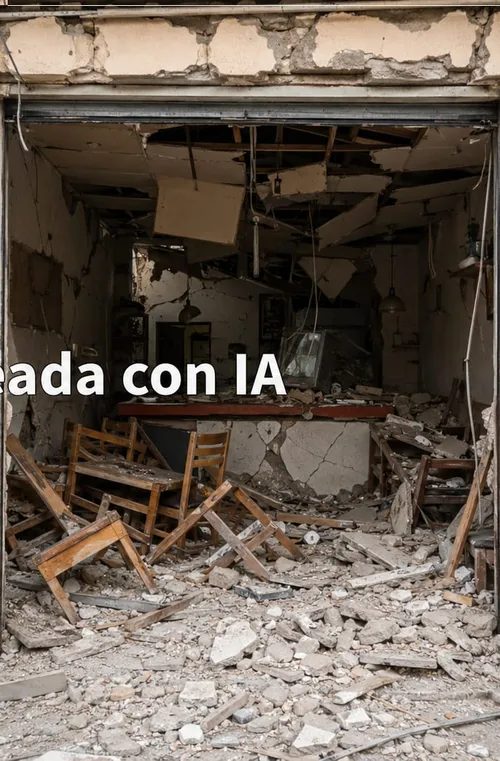 El restaurante del barrio tras el terremoto, con el techo derrumbado y las mesas y sillas entre los escombros.