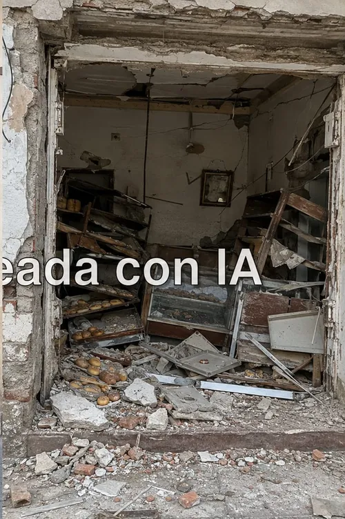 La panadería de la esquina tras el terremoto, con el techo caído y escombros cubriendo el local.