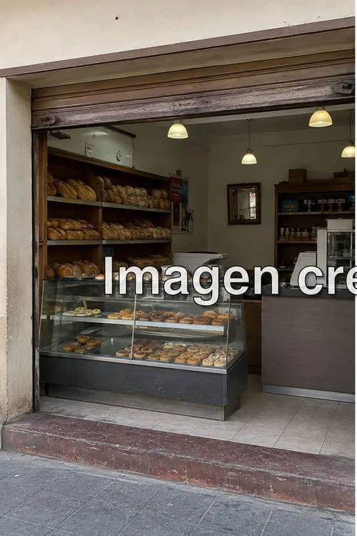 La panadería de la esquina antes del terremoto, con el local abierto y los estantes llenos de pan.