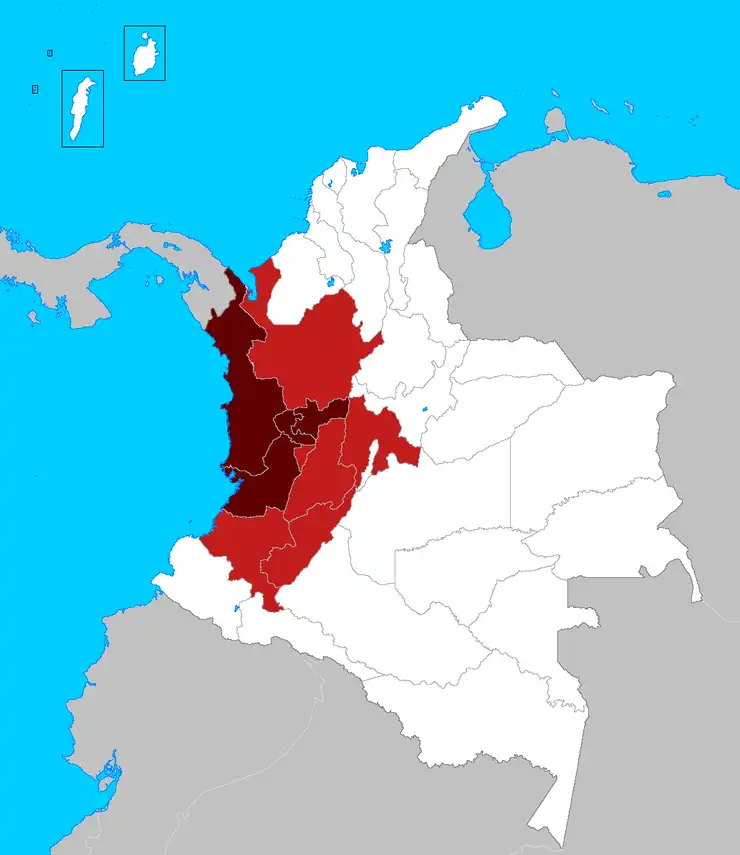 Mapa de Colombia con los departamentos afectados por el terremoto del 10 de agosto de 2026 resaltados.